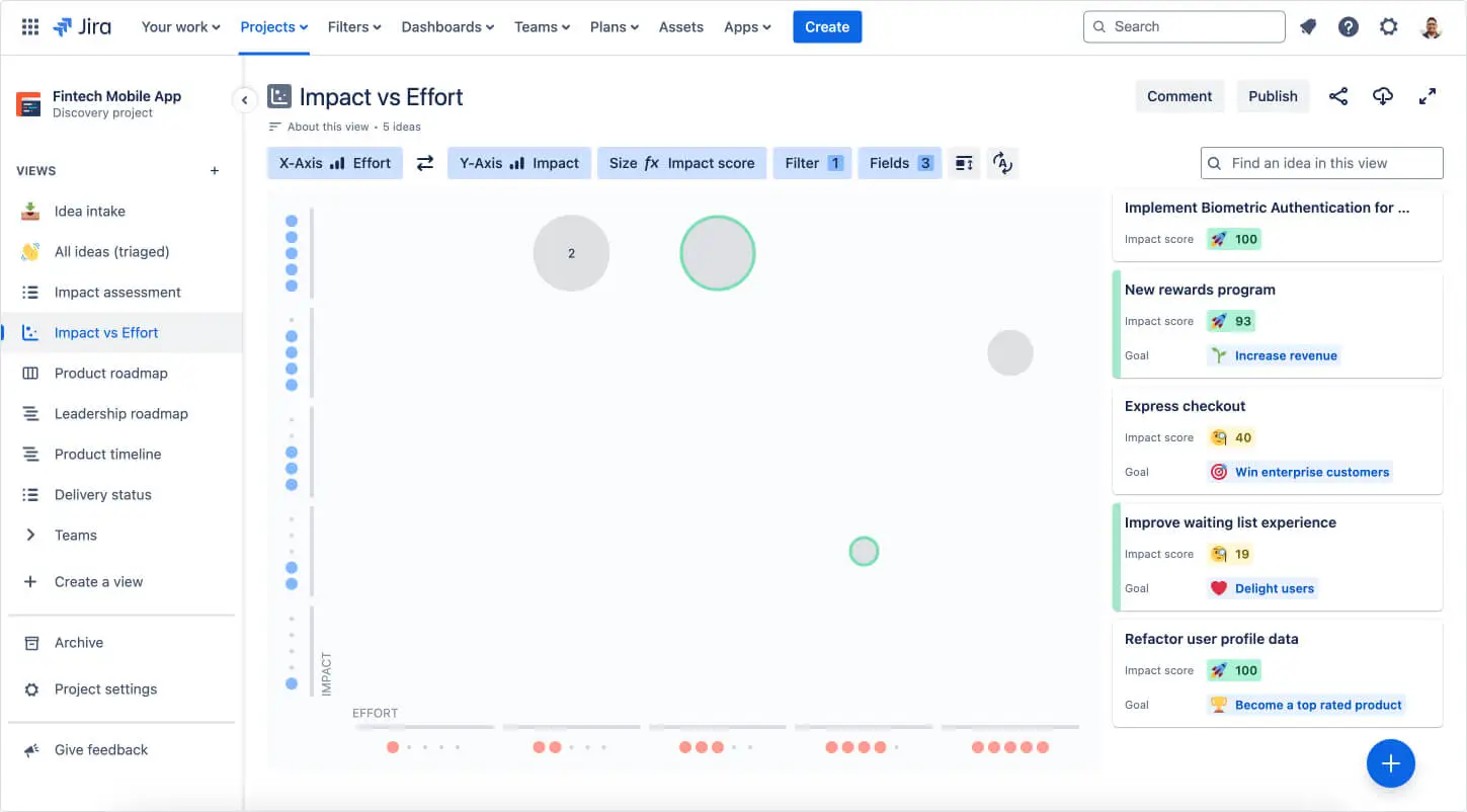 Jira Product Discovery 中的影响与工作量矩阵