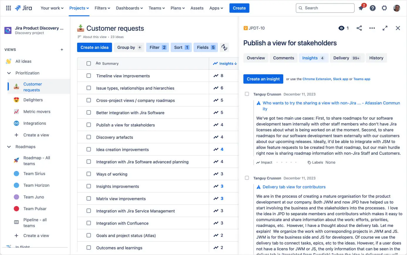 Представление аналитики, основанной на отзывах клиентов, в Jira Product Discovery