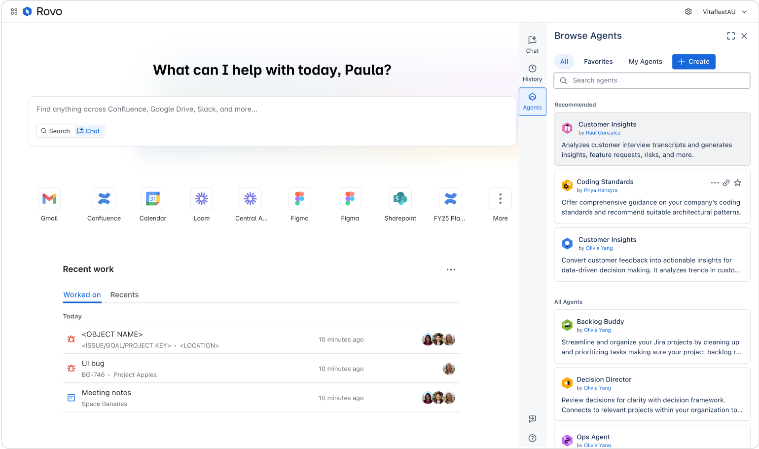 Rovo 内のエージェント サイドバー メニュー