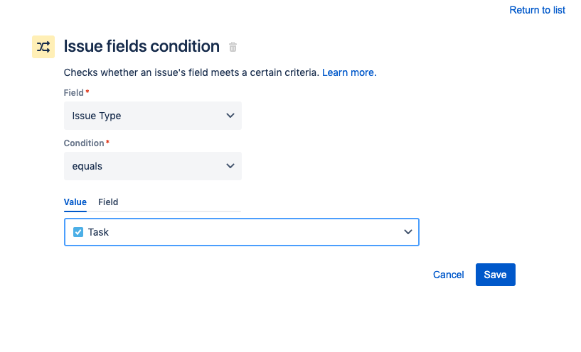 Página de configuración de la condición Campos de incidencia