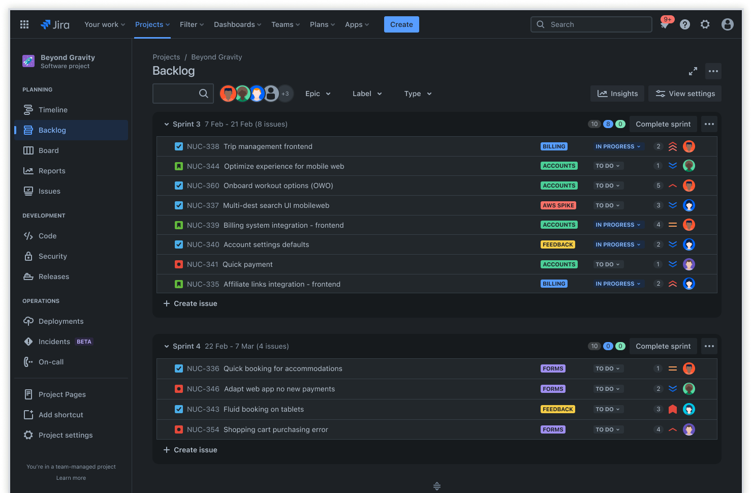 Aperçu du backlog dans Jira