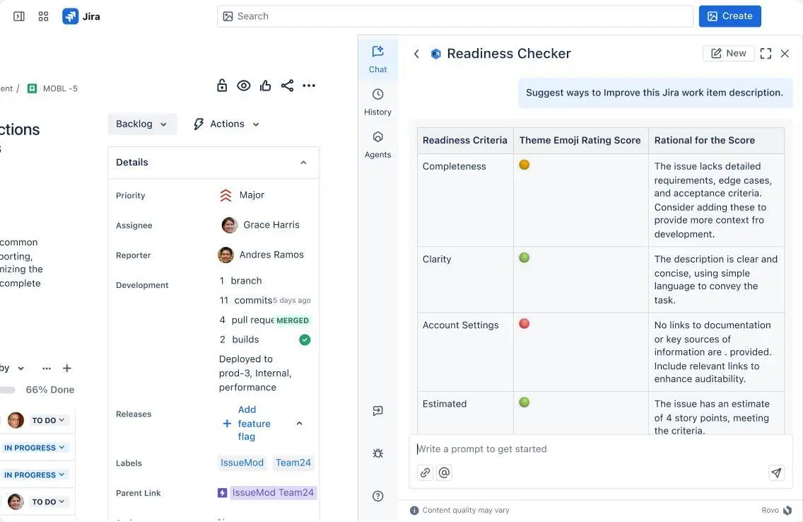 Readiness Checker agent side by side with a work item