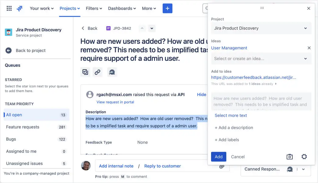Сбор отзывов с помощью Jira Service Management в команде JPD: шаг 3
