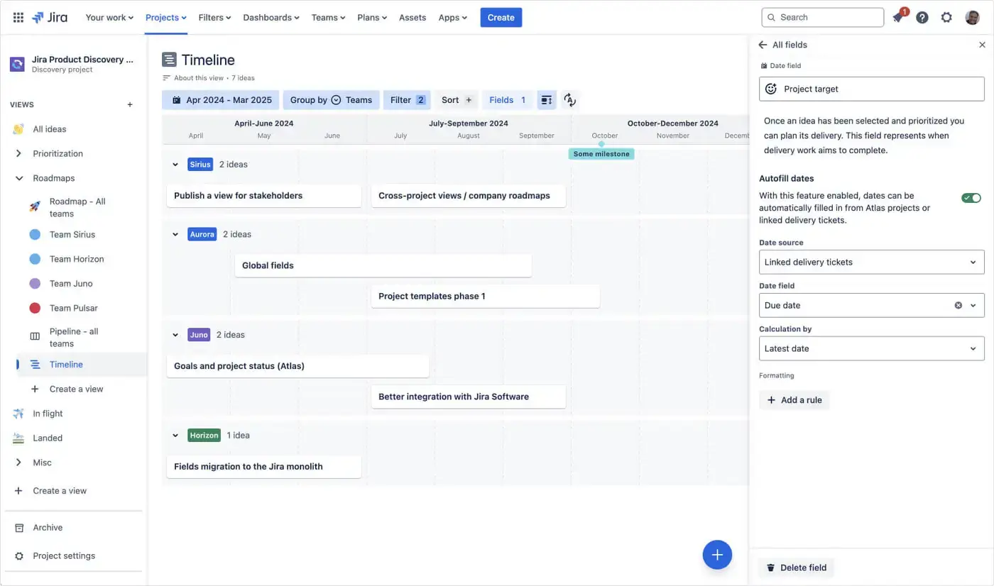 Visualizzazione timeline dinamica all'interno di una roadmap in Jira Product Discovery