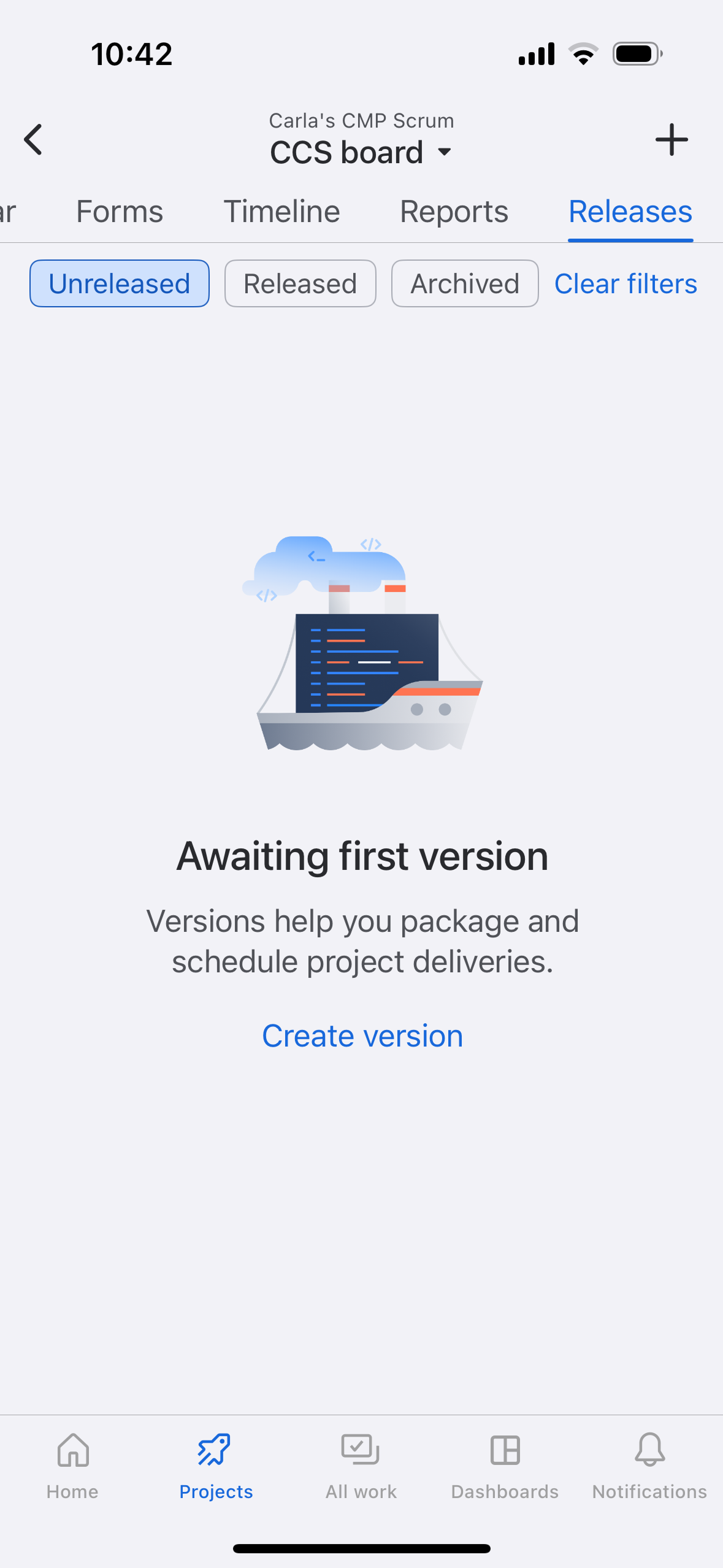 Releases tab, awaiting the first version (example shown on iOS)