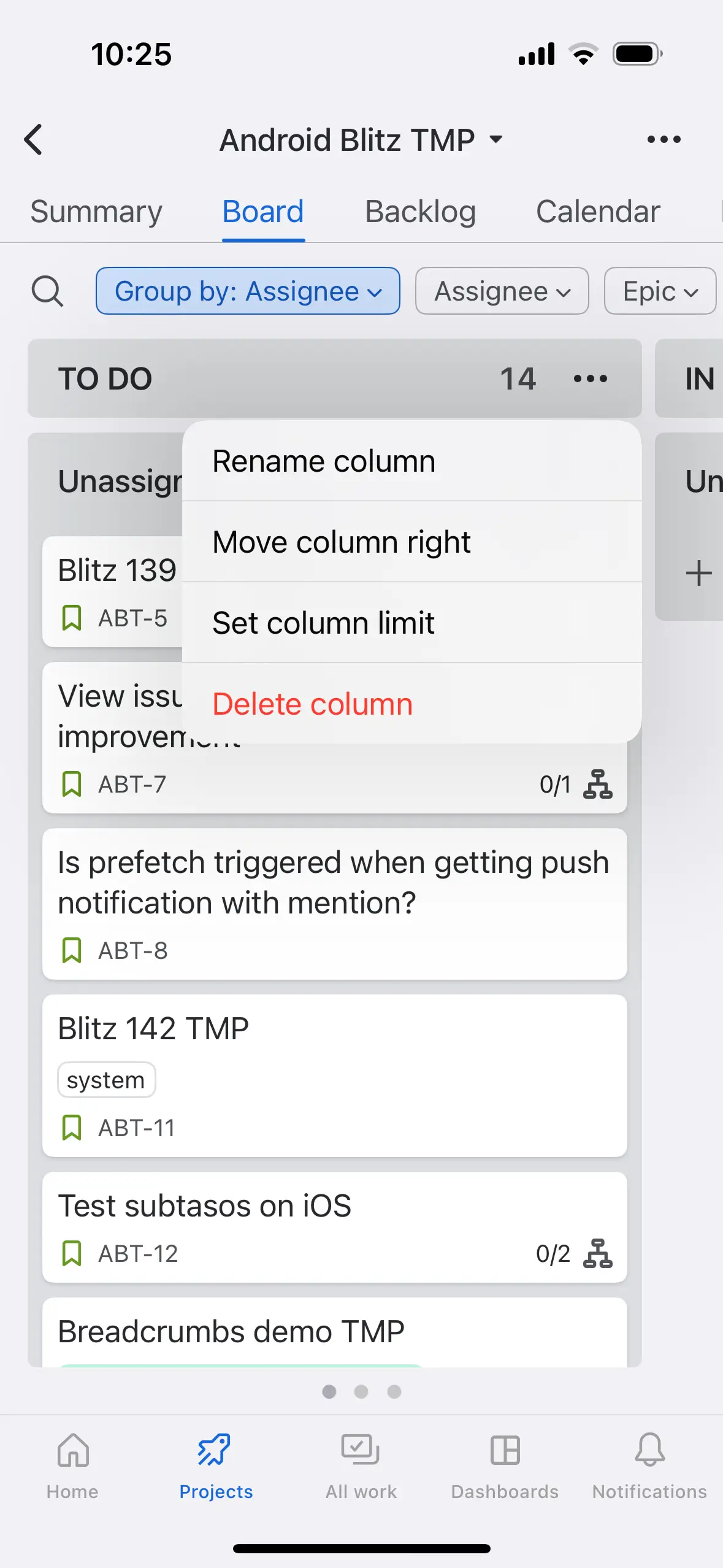 Column options (example shown on iOS)
