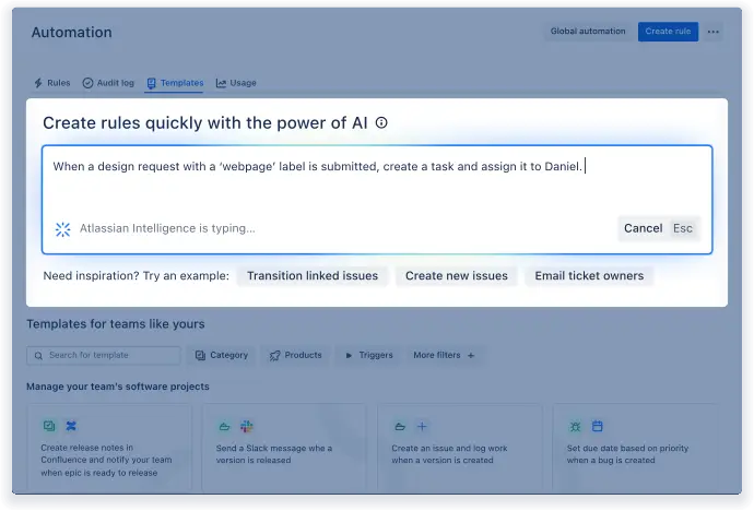 Product screenshot of Jira’s AI feature of translating natural language text into an automation rule. Prompt in screenshot reads: “When a ‘webinar’ issue is created in the Marketing Launch project, automatically create a design ticket and a landing page ticket. Then link them altogether.”