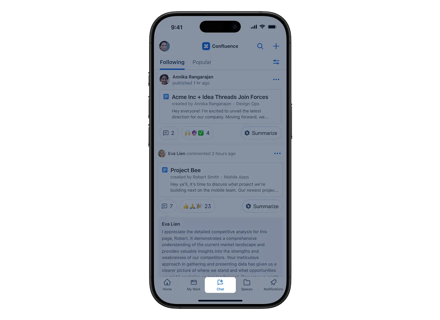 Confluence モバイル アプリの下部タスクバーの中央にある Rovo チャット ボタン
