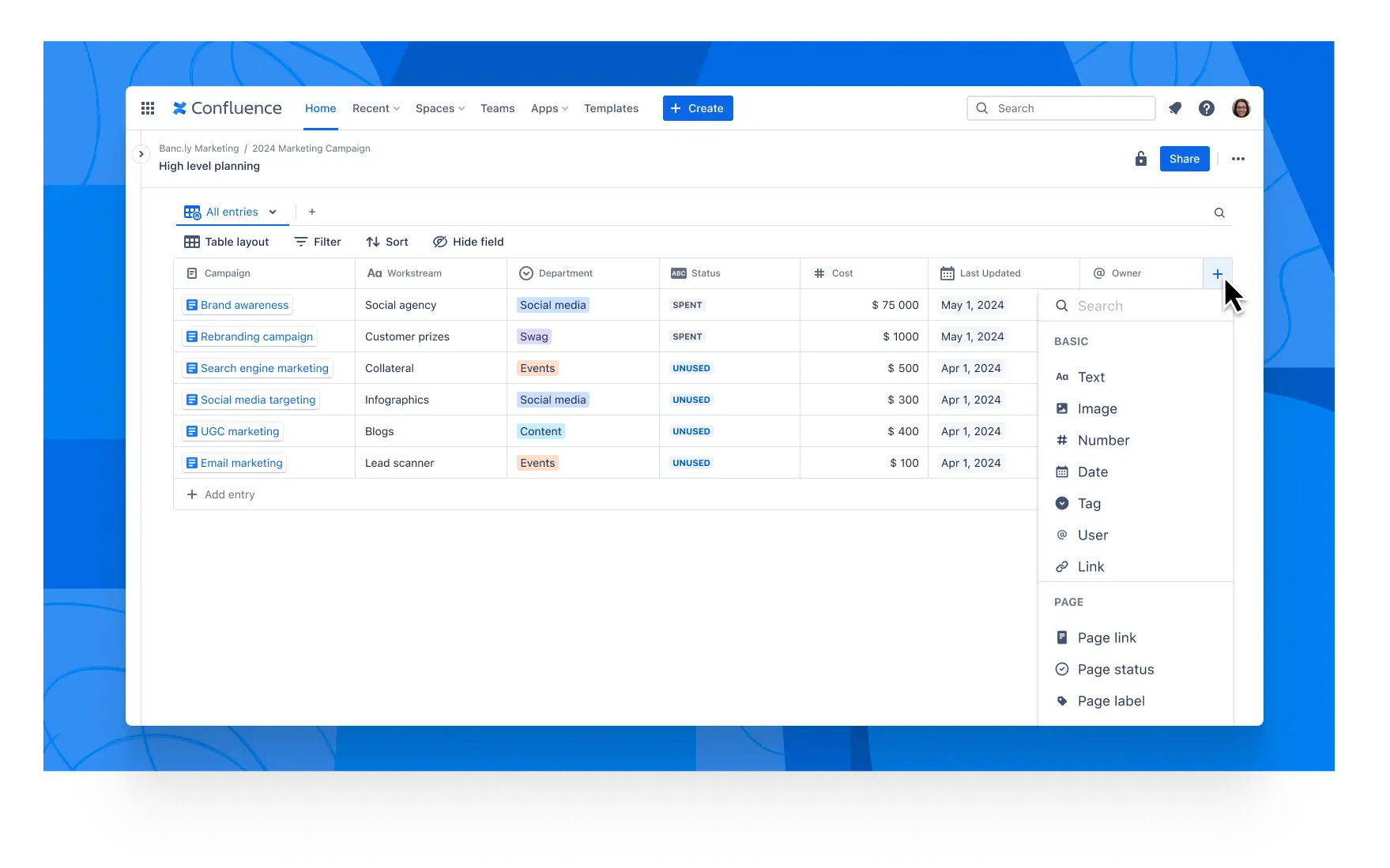 Captura de tela de como adicionar campos a páginas do Confluence.