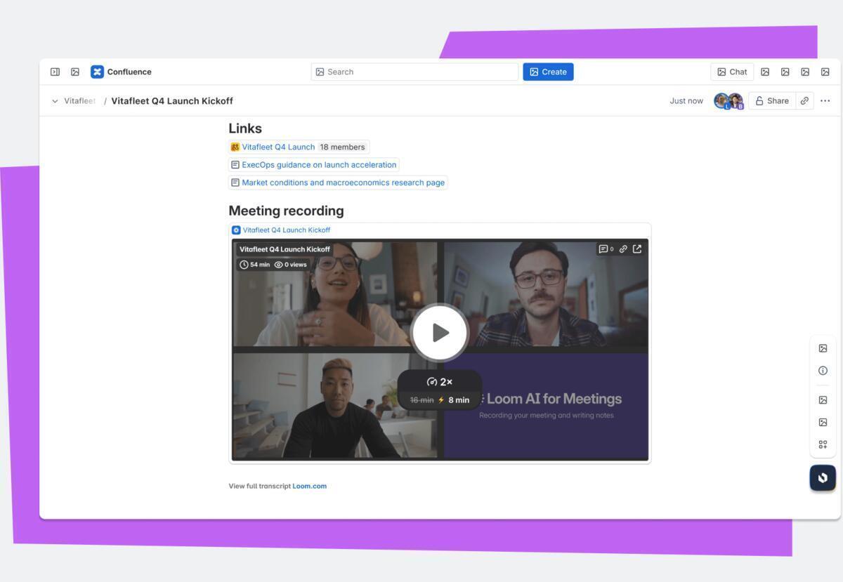 Предпросмотр записи Loom в Confluence