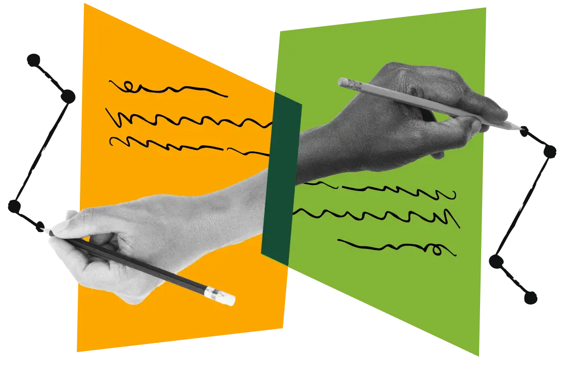 Two hands drawing lines connected by dots.