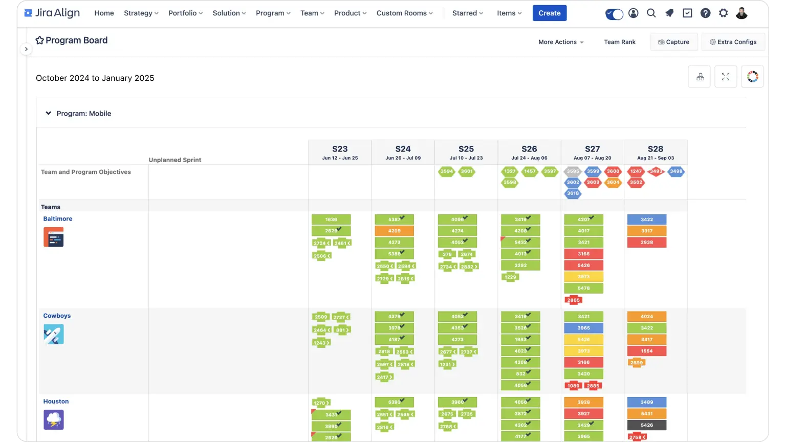 Предпросмотр доски с незавершенной работой в Jira Align