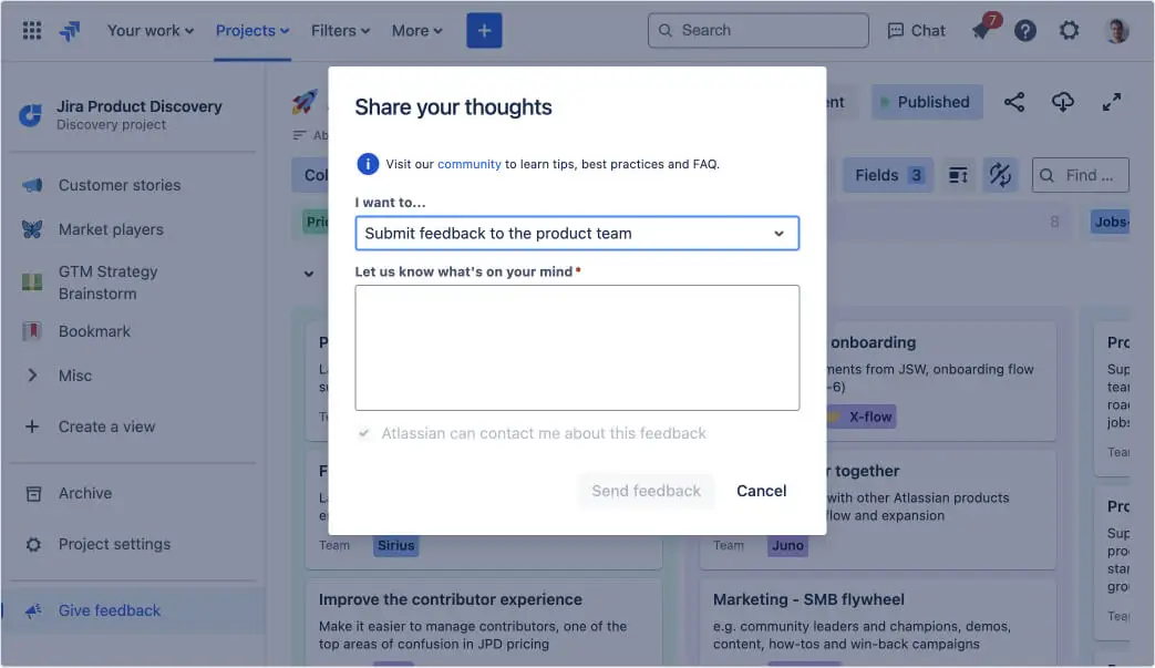 Сбор отзывов с помощью Jira Service Management в команде JPD: шаг 1