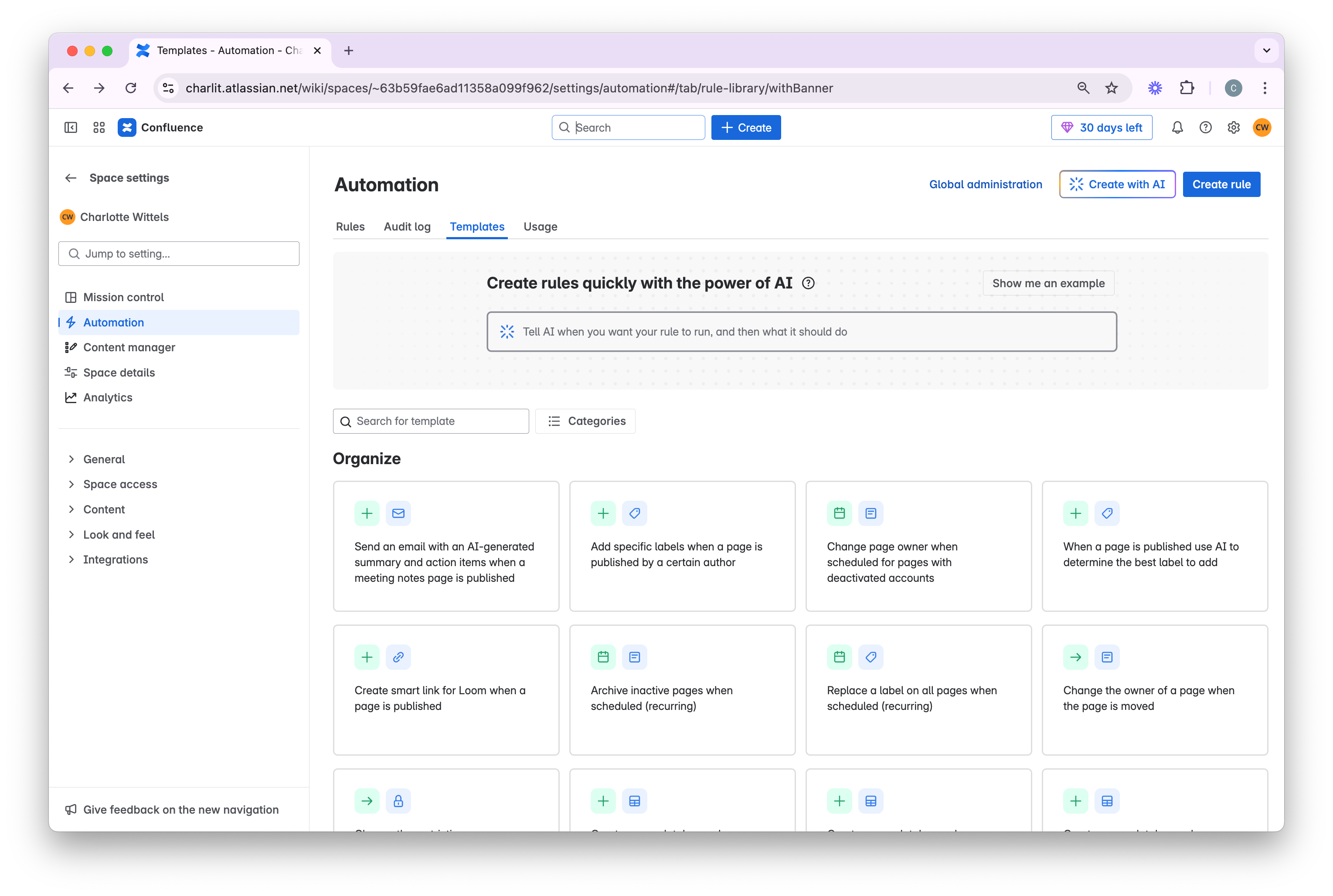 Una vista previa de la automatización en Confluence