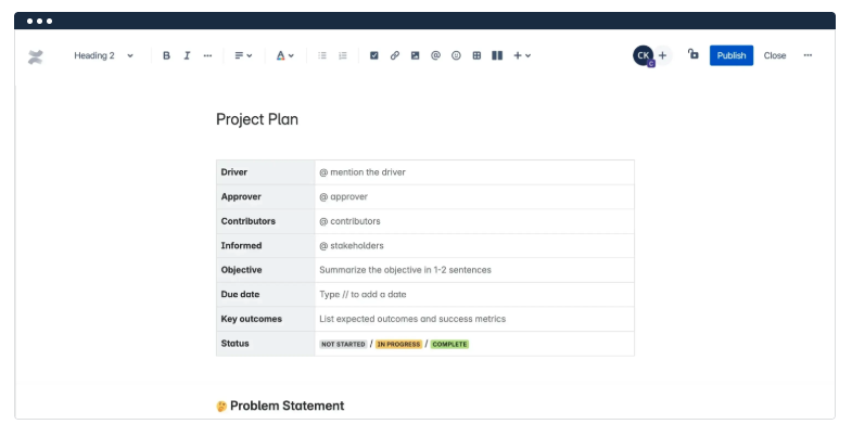 Confluence 中的项目计划模板预览 