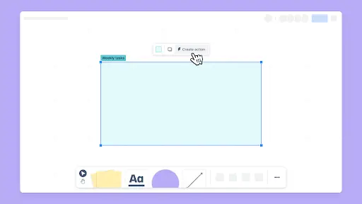 Mouse over "Create action" button in whiteboard screenshot.