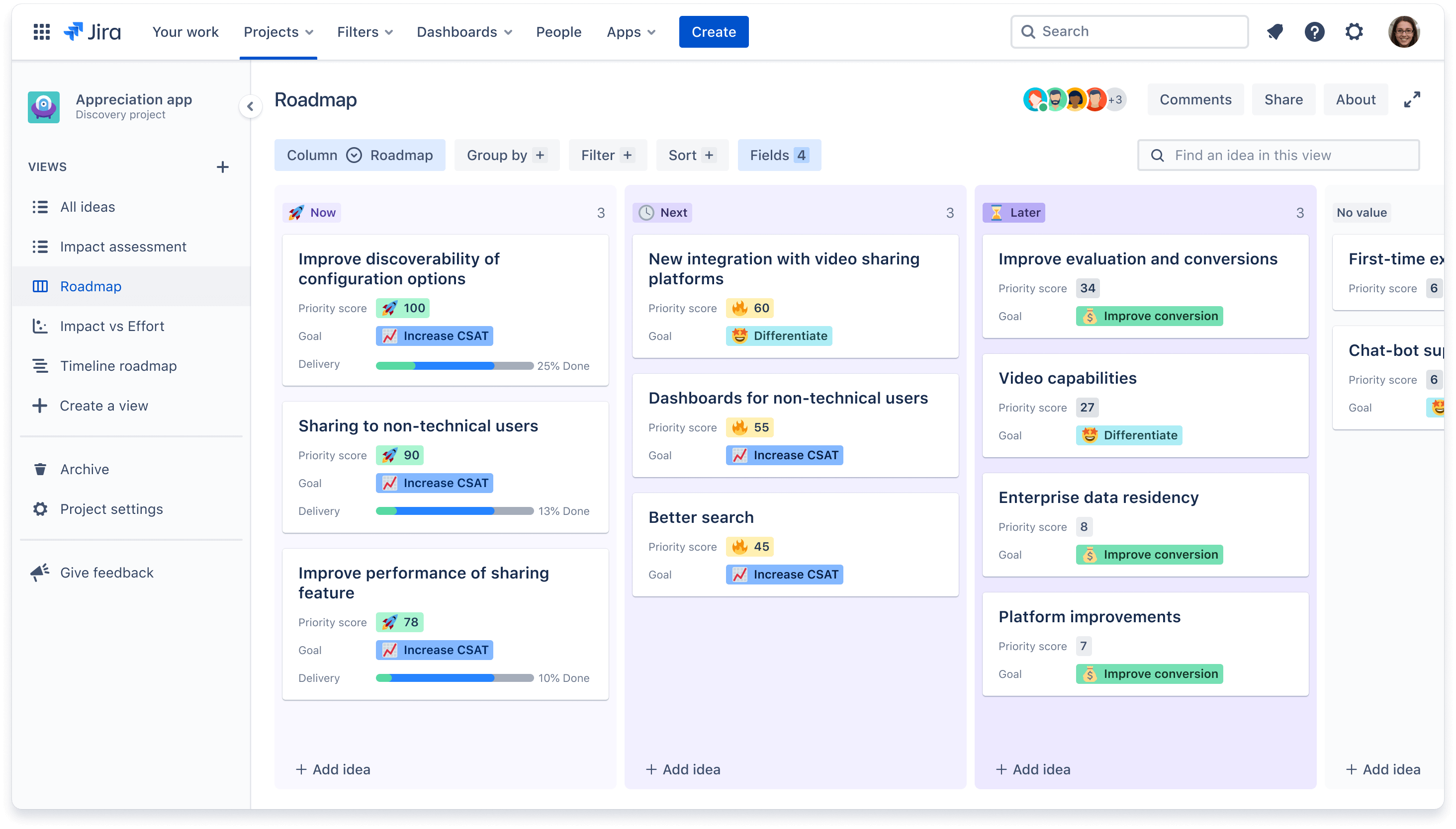 Hoja de ruta de un producto en Jira que muestra las categorías de ideas asignadas a ahora, a continuación y más adelante.