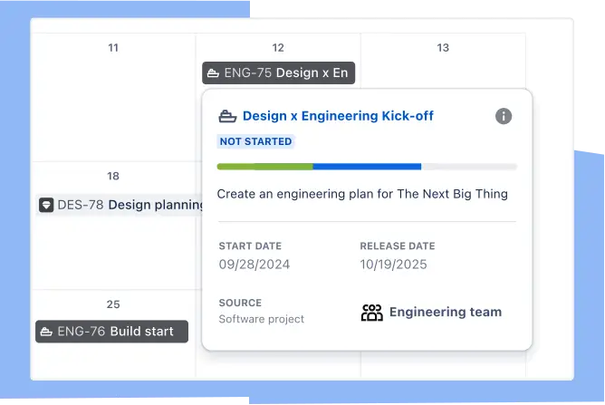 Calendar view of a Jira project depicting overlapping tasks from different teams to prepare for a Marketing launch.
