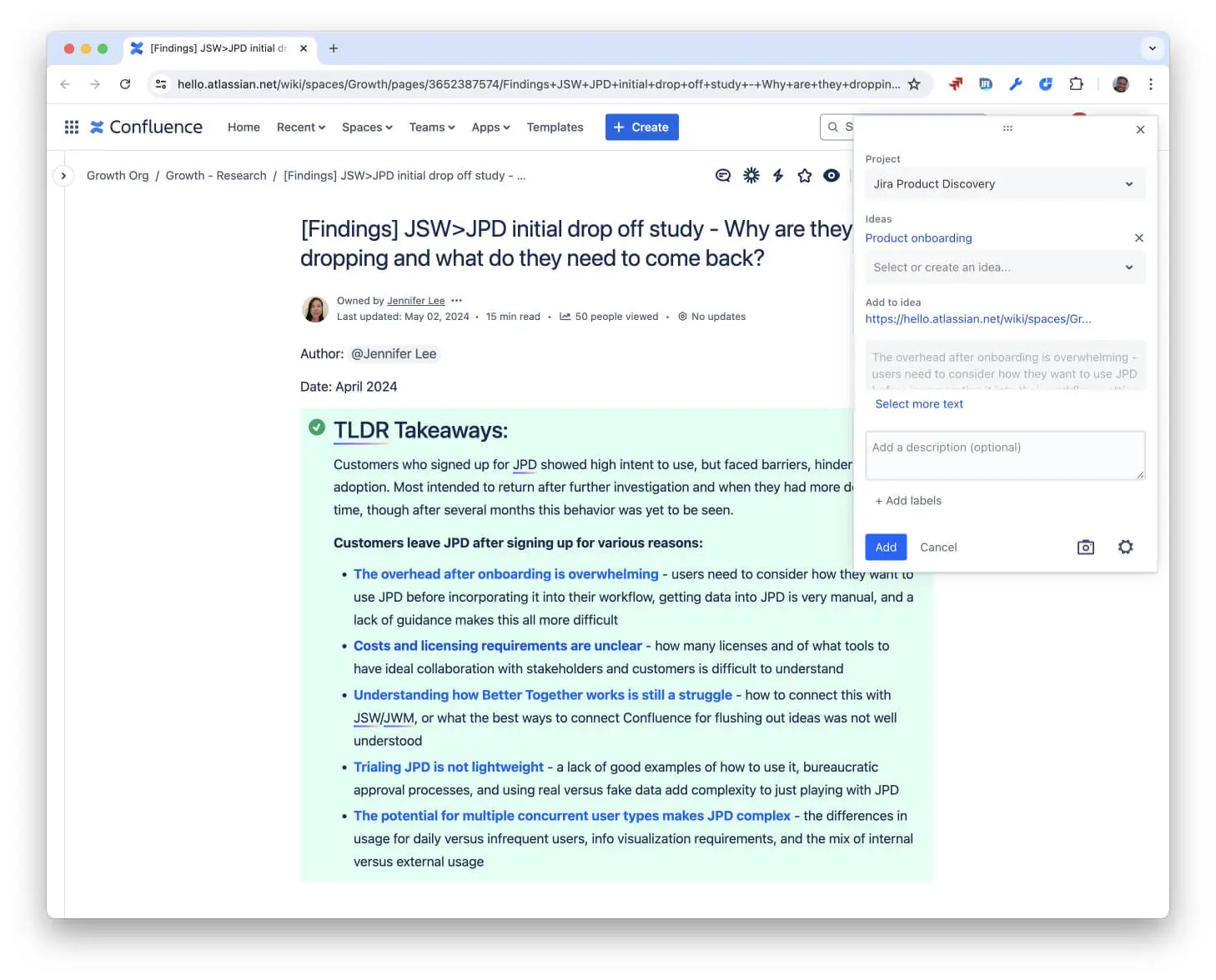 Исследовательский отчет в Confluence, готовый стать аналитикой в JPD
