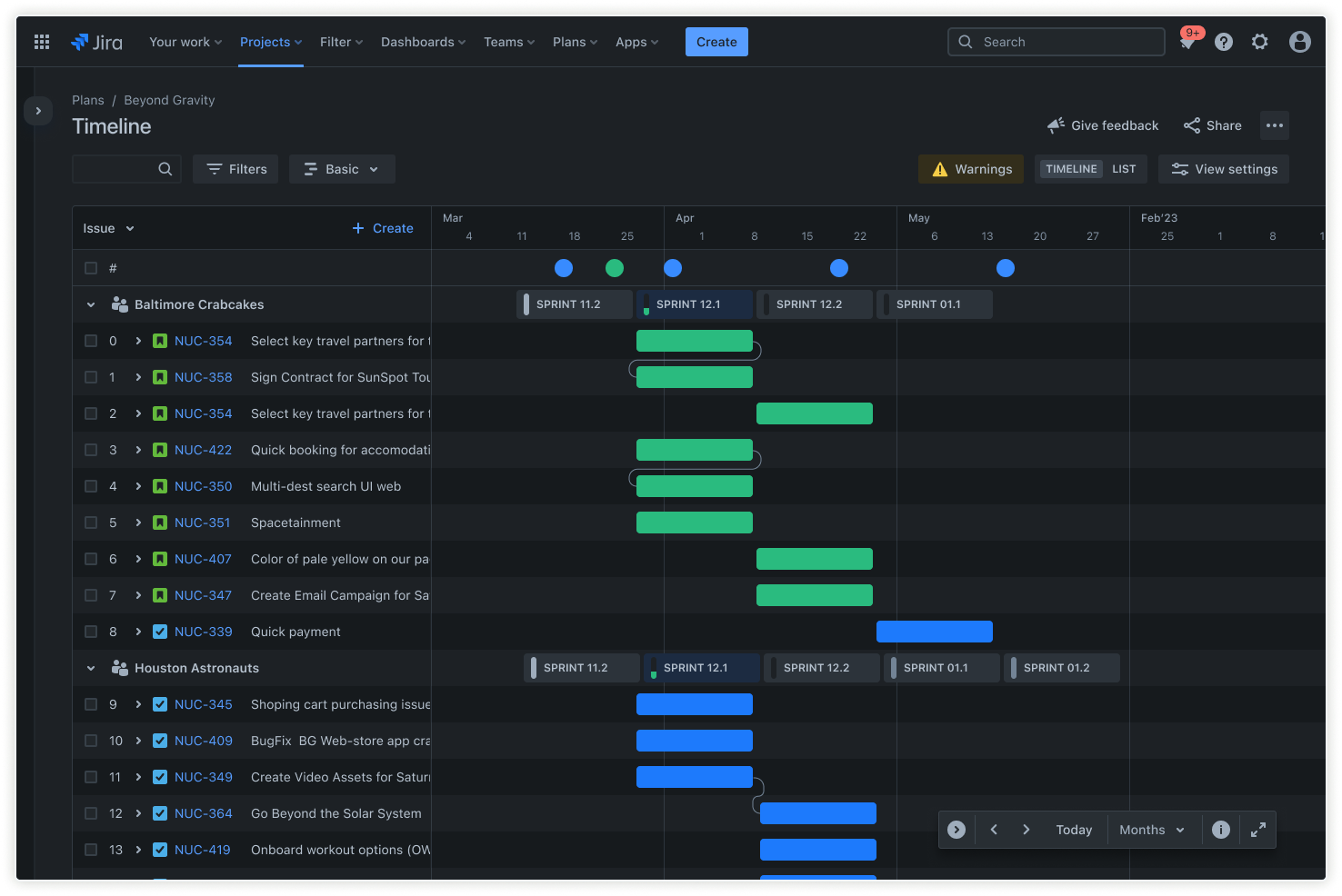 Screenshot visualizzazione della timeline