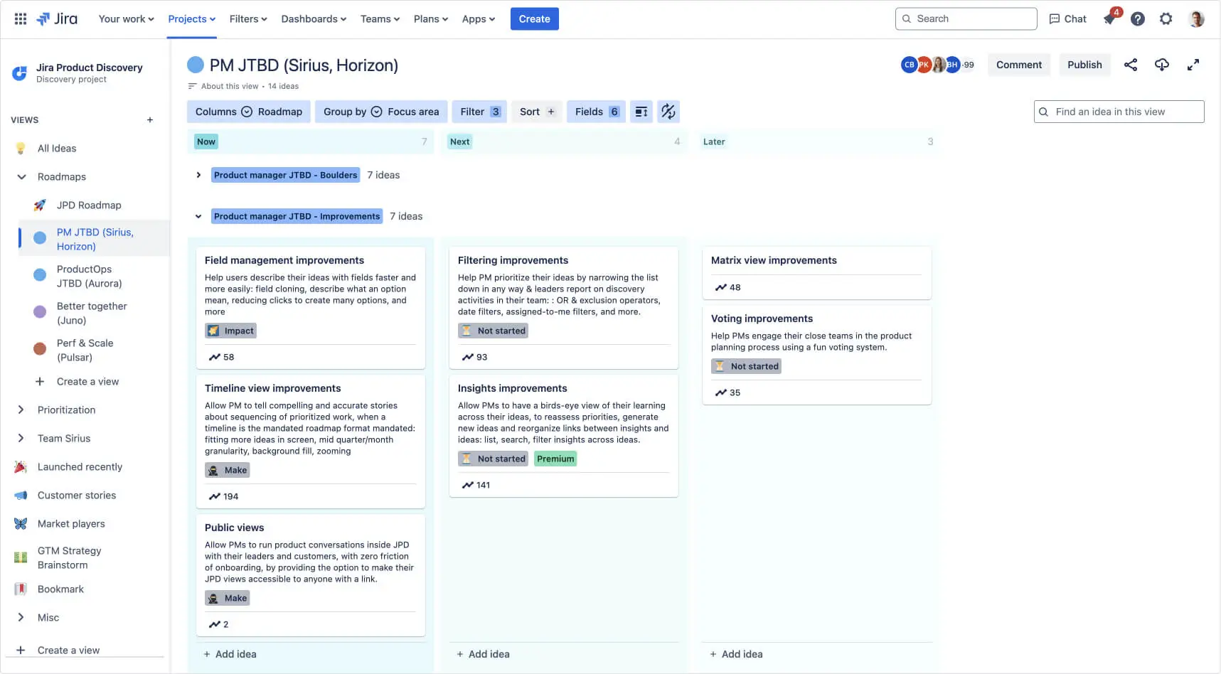 Una tabella di marcia della squadra di Jira Product Discovery
