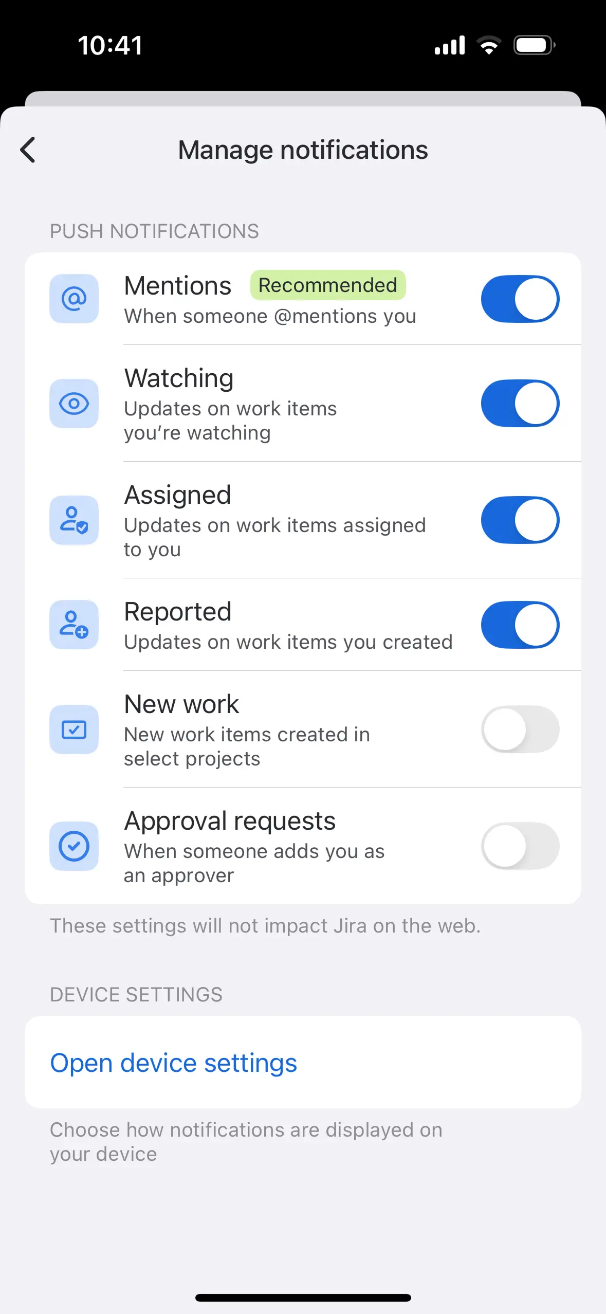 Push notification settings (example shown on Android)