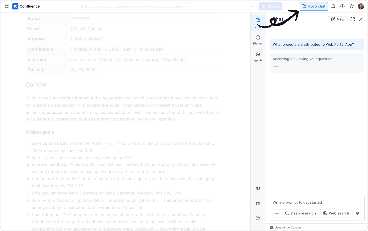 Confluence の右上隅の Rovo チャット CTA