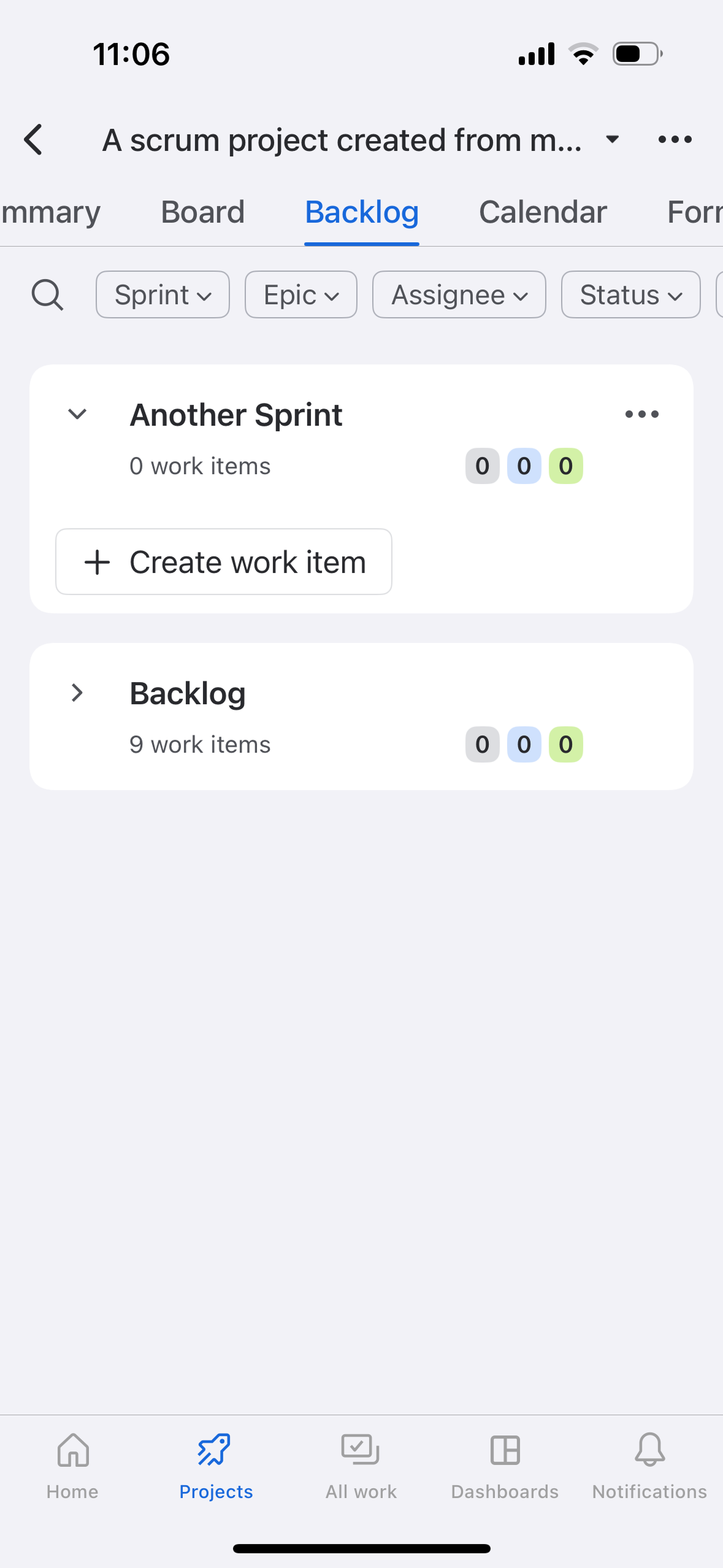 'Create work item' buttons in a scrum backlog (example shown on Android)