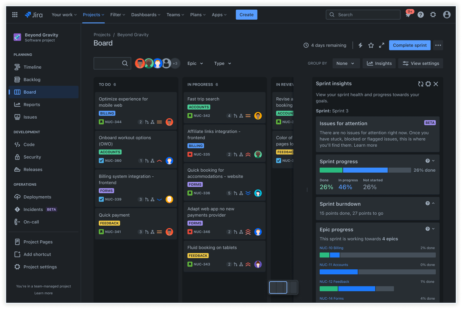 Une image d'un tableau Kanban en mode sombre avec des informations sur le sprint