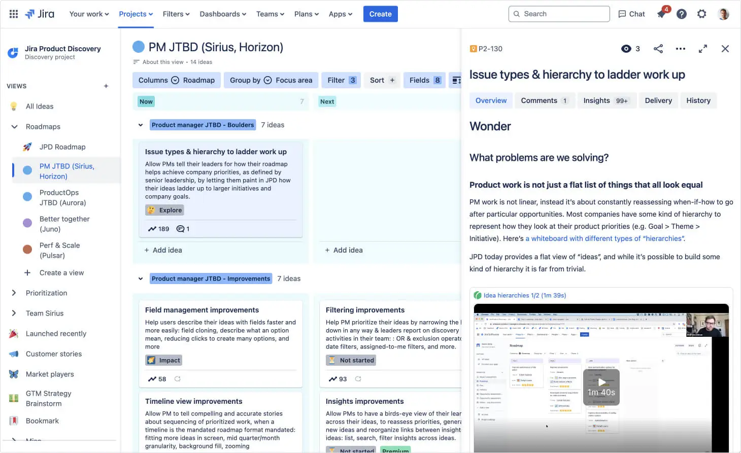Un elemento della tabella di marcia della squadra di Jira Product Discovery