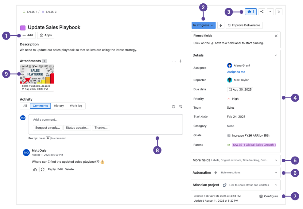 labels van waar je acties rond Jira Work Management kunt vinden