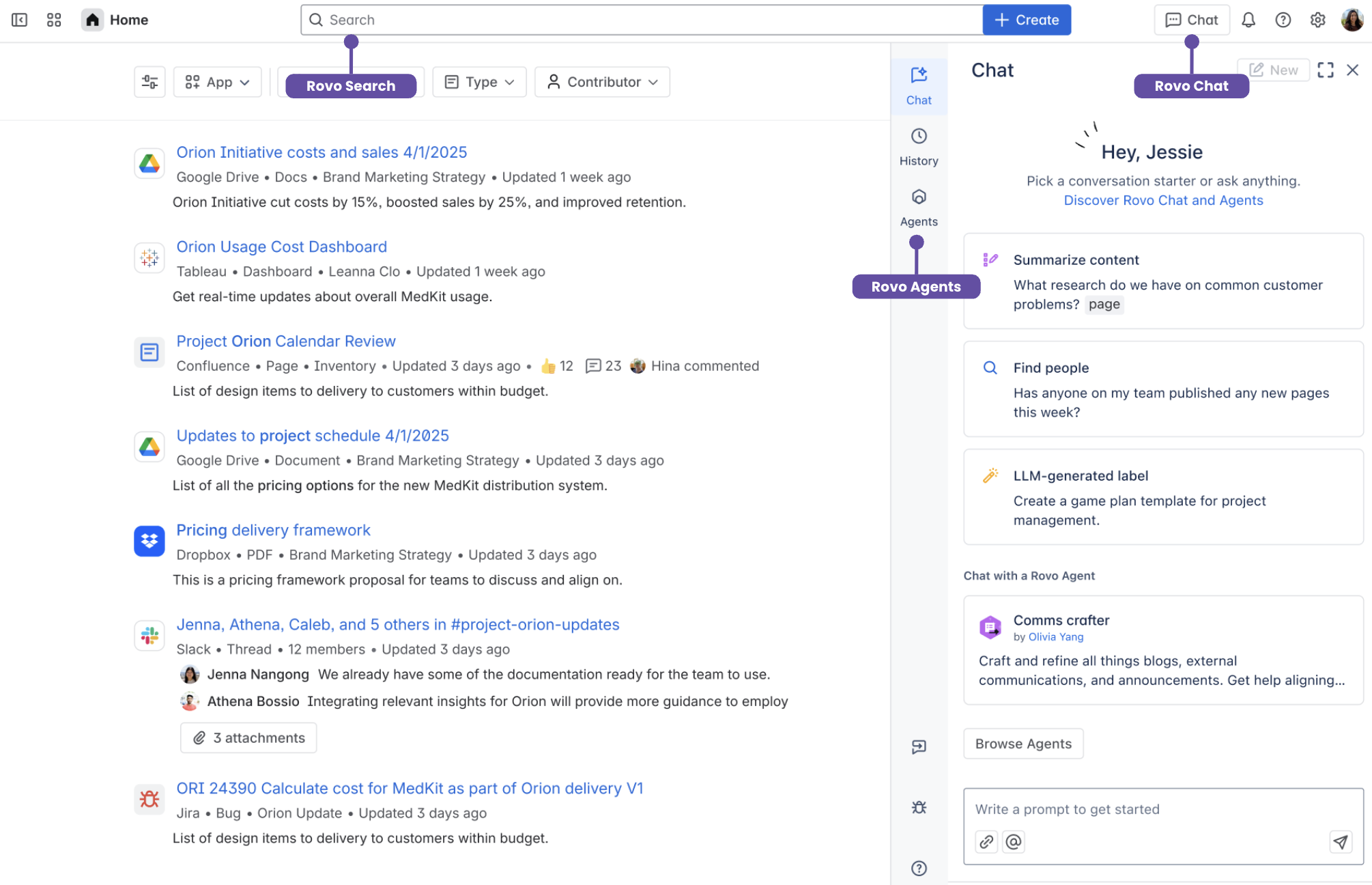 Rovo-zoeken in de balk en Rovo-agent 