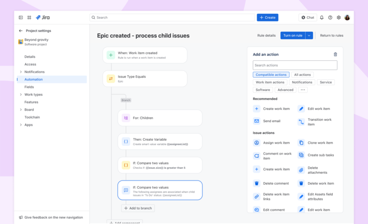 Jira-automatiseringsweergave: een actie toevoegen