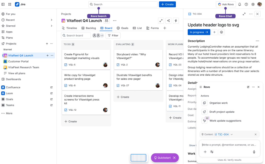 gebruik Rovo vanuit de werkweergave of in het menu om tijd en moeite te besparen