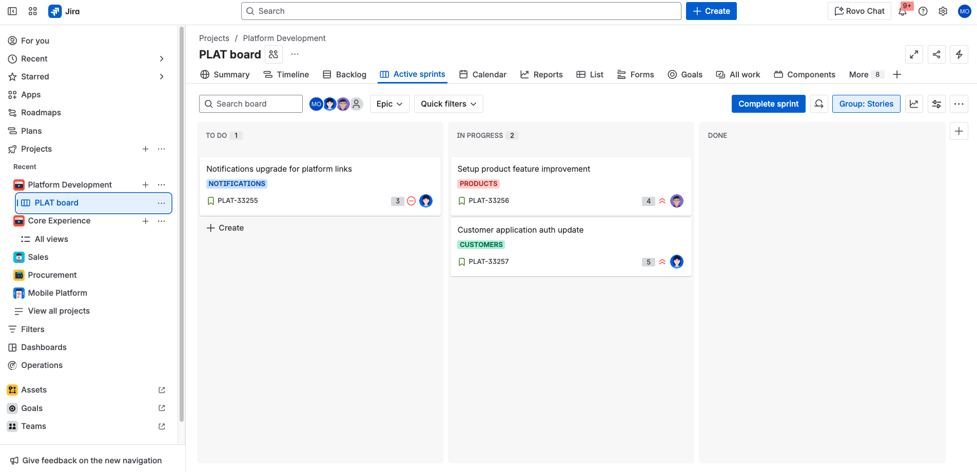 Voorbeeld van een sprintbord in Jira