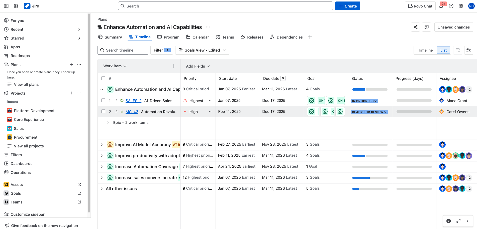 een voorbeeld van de plannenweergave in Jira